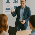 Se muestra una imagen de un hombre haciendo una presentación frente a sus compañeros. Imagen del curso de ANÁLISIS DE PROBLEMAS Y TOMA DE DECISIONES