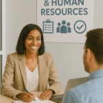 Se muestra una imagen de una chica de recursos humanos en un despacho, hablando con un chico. Imagen del curso de ANÁLISIS DE CUENTAS ANUALES EN LA EMPRESA