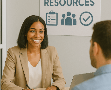 Se muestra una imagen de una chica de recursos humanos en un despacho, hablando con un chico. Imagen del curso de ANÁLISIS DE CUENTAS ANUALES EN LA EMPRESA
