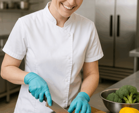 Se muestra una imagen de una chica en una cocina profesional, cortando vegetales. Imagen del curso de ENVASADO DE PRODUCTOS ALIMENTARIOS
