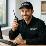 Se muestra una imagen de un chico con uniforme de seguridad y walkie-talkie . Imagen del curso de F.E.V.S.: VIGILANCIA DEL PATRIMONIO HISTÓRICO Y ARTÍSTICO