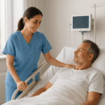 Auxiliar de enfermería atendiendo con cercanía a un paciente en cama hospitalaria.