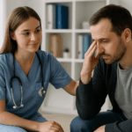 Auxiliar de enfermería apoyando a un paciente con problemas de salud mental en consulta.