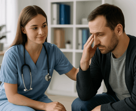 Auxiliar de enfermería apoyando a un paciente con problemas de salud mental en consulta.