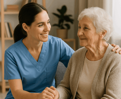 Auxiliar de enfermería acompañando con empatía a una persona mayor en un entorno acogedor.