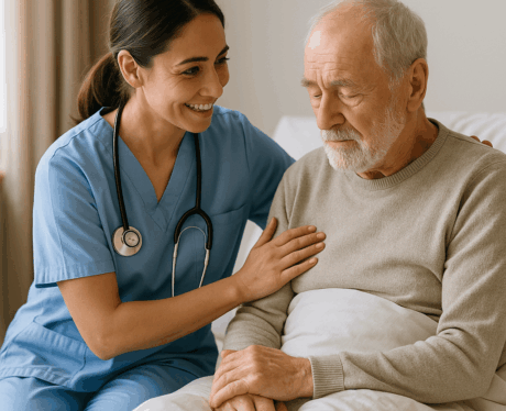 Enfermera cuidando con empatía a un paciente mayor en cuidados paliativos.