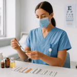 Curso Farmacología Básica: enfermera preparando medicación en un entorno clínico moderno.