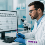 Curso Interpretación de Resultados de Análisis Clínicos: profesional revisando pruebas de laboratorio en ordenador con muestra de sangre.
