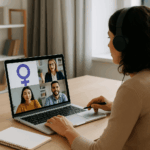 Mujer participando en un curso online sobre igualdad con un grupo diverso de personas en videoconferencia.