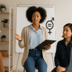 Facilitadora liderando un taller sobre igualdad con un grupo diverso de participantes.