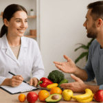 Curso de Nutrición y Dietética: nutricionista asesorando a un paciente con frutas y verduras frescas.