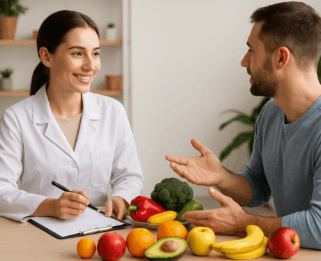Curso de Nutrición y Dietética: nutricionista asesorando a un paciente con frutas y verduras frescas.