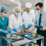 curso de El Servicio de Comidas en Centros Sanitarios y Sociosanitarios:Personal sanitario y de cocina preparando bandejas de comida en un centro sociosanitario.
