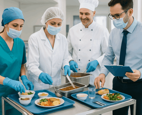 curso de El Servicio de Comidas en Centros Sanitarios y Sociosanitarios:Personal sanitario y de cocina preparando bandejas de comida en un centro sociosanitario.