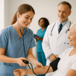 Se muestra una imagen de una enfermera atendiendo a una señora mayor en un centro médico. Imagen del curso de ATENCIÓN AL PACIENTE CON DOLOR