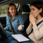 Curso de Amaxofobia: Instructora de autoescuela conversando con una persona nerviosa antes de iniciar una práctica de conducción.