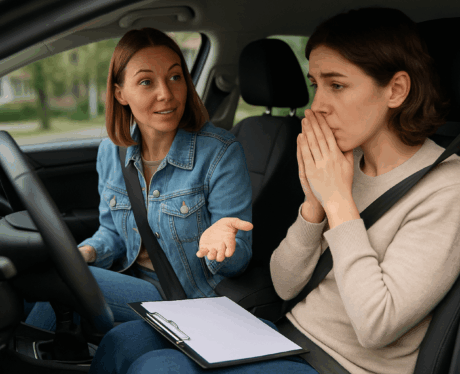 Curso de Amaxofobia: Instructora de autoescuela conversando con una persona nerviosa antes de iniciar una práctica de conducción.