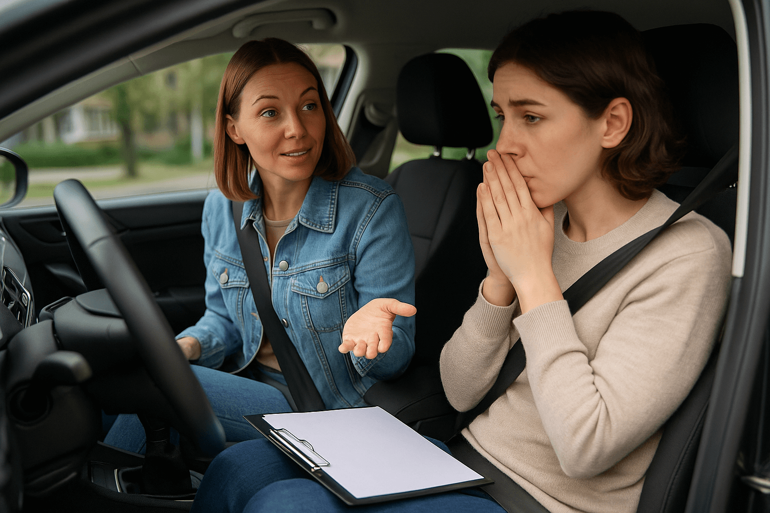 Curso de Amaxofobia: Instructora de autoescuela conversando con una persona nerviosa antes de iniciar una práctica de conducción.