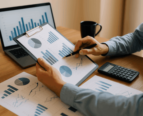 Curso de Análisis de la Rentabilidad en los Establecimientos Hoteleros: gerente revisando informes financieros en un hotel moderno.