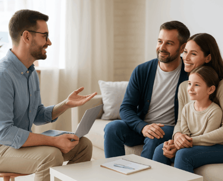Curso de Apoyo a las Familias de Personas con Discapacidad: Profesional acompañando a una familia durante una sesión de orientación en un entorno cálido y accesible.