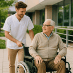 Curso de Atención a Personas con Discapacidad y Mejora de su Calidad de Vida: Profesional sanitario acompañando a una persona en silla de ruedas en un entorno exterior inclusivo.