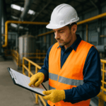 Curso de Prevención de Riesgos Laborales: trabajador con casco, chaleco reflectante y guantes revisando un plan de seguridad en un entorno industrial.