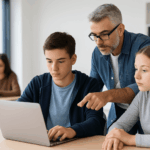 Curso de Ciberbullying: Adolescente utilizando un portátil mientras un profesional educativo orienta sobre seguridad digital.