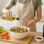Curso de Cocina Sana: persona preparando una ensalada fresca con verduras y aceite de oliva en una cocina luminosa.