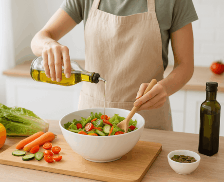 Curso de Cocina Sana: persona preparando una ensalada fresca con verduras y aceite de oliva en una cocina luminosa.