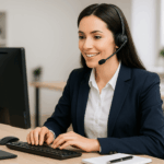 Agente de atención al cliente atendiendo una llamada en un entorno profesional de oficina.