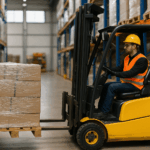 Curso de Conducción de Carretillas Elevadoras: operario manejando una carretilla en almacén industrial con medidas de seguridad