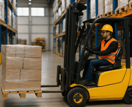 Curso de Conducción de Carretillas Elevadoras: operario manejando una carretilla en almacén industrial con medidas de seguridad