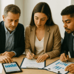 Curso de Contabilidad Financiera: profesionales analizando estados contables y gráficos financieros.