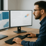 Curso de Data Mining: Principios y Aplicaciones: analista examinando datos y gráficos en múltiples pantallas.