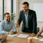 Curso de Dirección de Equipos y Coaching: Líder guiando a su equipo en una reunión colaborativa en oficina moderna.