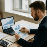 Curso de Dirección Financiera — Profesional revisando informes financieros y gráficos de tesorería en un entorno de oficina moderna.