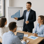 Curso de Dirección y Gestión del Equipo Comercial: Reunión de equipo comercial con líder presentando estrategias de ventas.