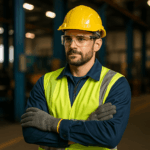 Curso de Equipos de Protección Individual: trabajador usando casco, gafas y chaleco de seguridad en un entorno industrial.