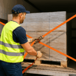 Curso de Estiba y Sujeción de Mercancías: operario asegurando una carga con cinchas en un camión de transporte.