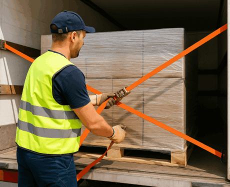 Curso de Estiba y Sujeción de Mercancías: operario asegurando una carga con cinchas en un camión de transporte.