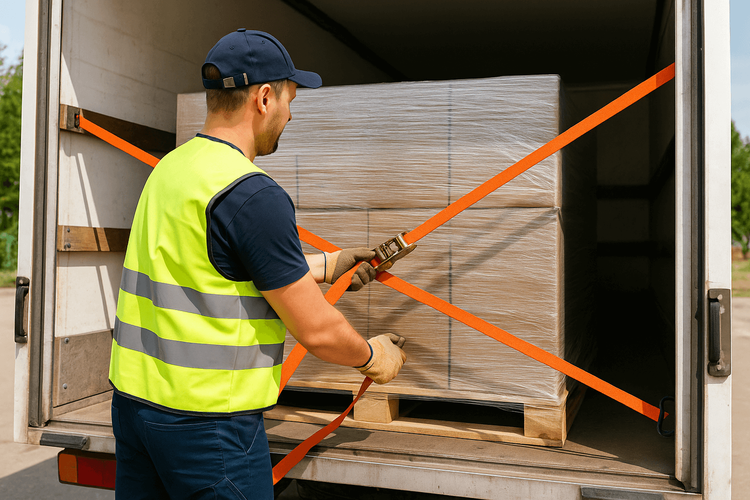 Curso de Estiba y Sujeción de Mercancías: operario asegurando una carga con cinchas en un camión de transporte.
