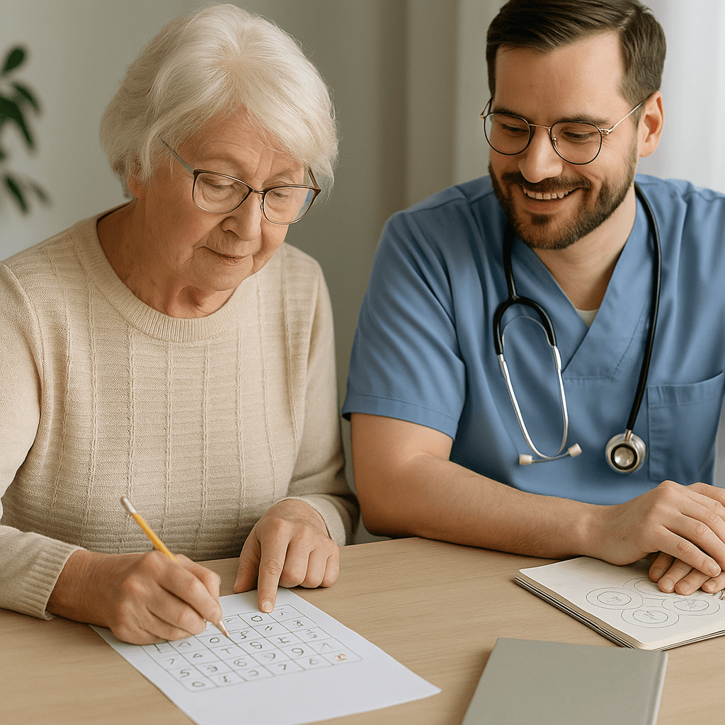 Curso de Estimulación Cognitiva:Persona realizando ejercicios de memoria y atención en un entorno tranquilo y profesional.