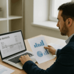 Curso de Facturación Electrónica — Profesional utilizando una aplicación de facturación digital en un portátil en una oficina moderna.