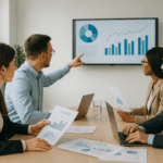 Curso de Finanzas para no financieros: profesionales analizando gráficos financieros en una reunión.