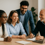 Curso de Formación para la Igualdad: Grupo diverso de personas colaborando en un entorno laboral igualitario y respetuoso.