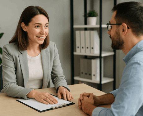 Curso de Fundamentos de Comunicación con el Cliente: Profesional atendiendo a un cliente con actitud empática y comunicativa.