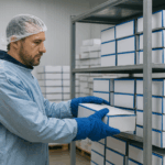 Curso de Gestión de Almacenes y Stocks de Productos Cárnicos: trabajador organizando cajas refrigeradas en un almacén cárnico.
