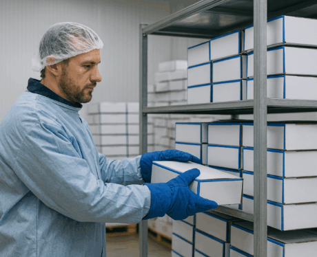 Curso de Gestión de Almacenes y Stocks de Productos Cárnicos: trabajador organizando cajas refrigeradas en un almacén cárnico.