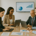 Curso de Gestión de Compras Informatizada: profesionales gestionando pedidos y facturas digitales en ordenadores portátiles.