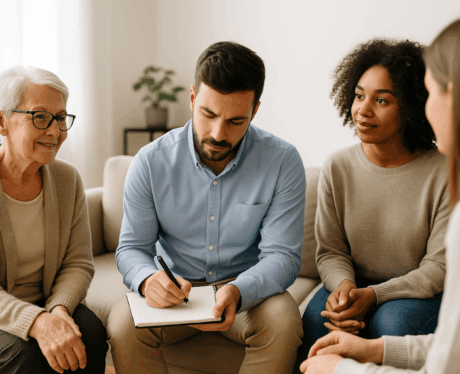 Curso de Gestión de las Emociones: Persona reflexionando y escribiendo en un cuaderno durante una sesión de desarrollo emocional.